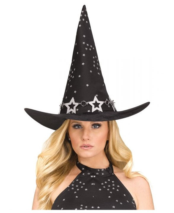 Celestial Glam Witch Hat - Metal Stars - Black/Silver - Costume Accessory - Teen