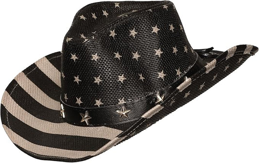 Cowboy Hat - Black & Gray - American Flag - Star Medallions - Costume Accessory