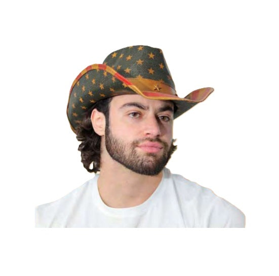 Antiqued Cowboy Hat - USA Flag - Star Medallions - Costume Accessory - One Size