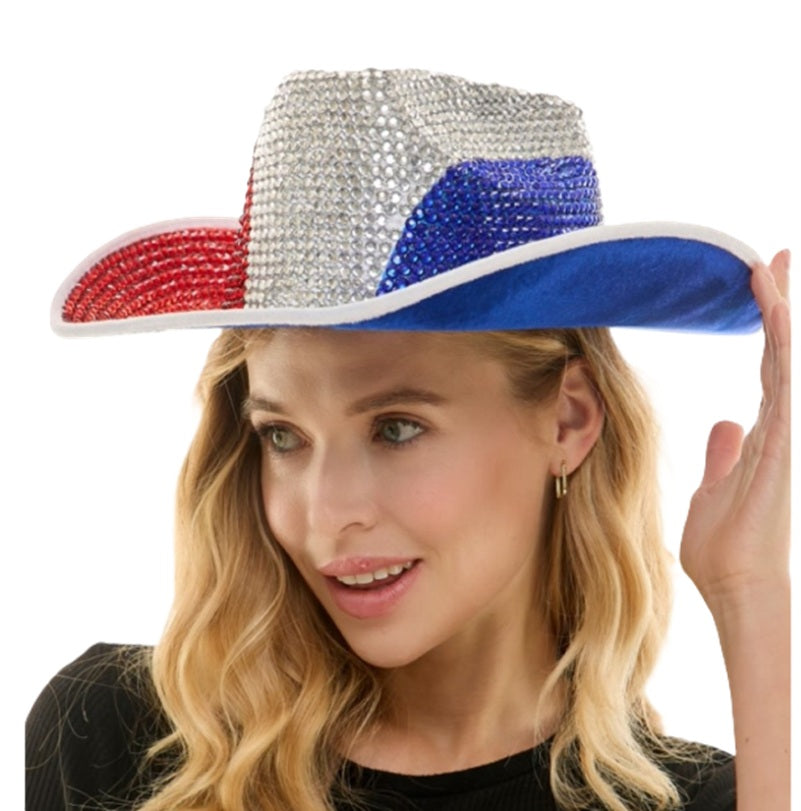 Red White & Blue Patriotic Cowboy Hat - Rhinestone - Costume Accessory