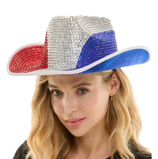 Red White & Blue Patriotic Cowboy Hat - Rhinestone - Costume Accessory