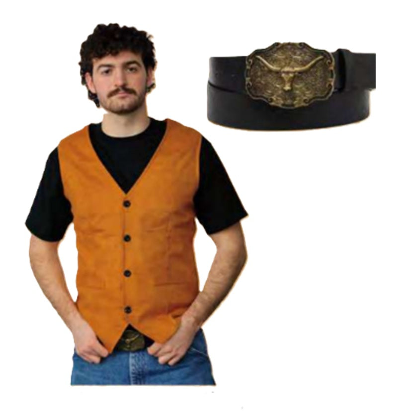 Brown Cowboy Vest - Belt with Buckle - Costume - Men - 2 Sizes