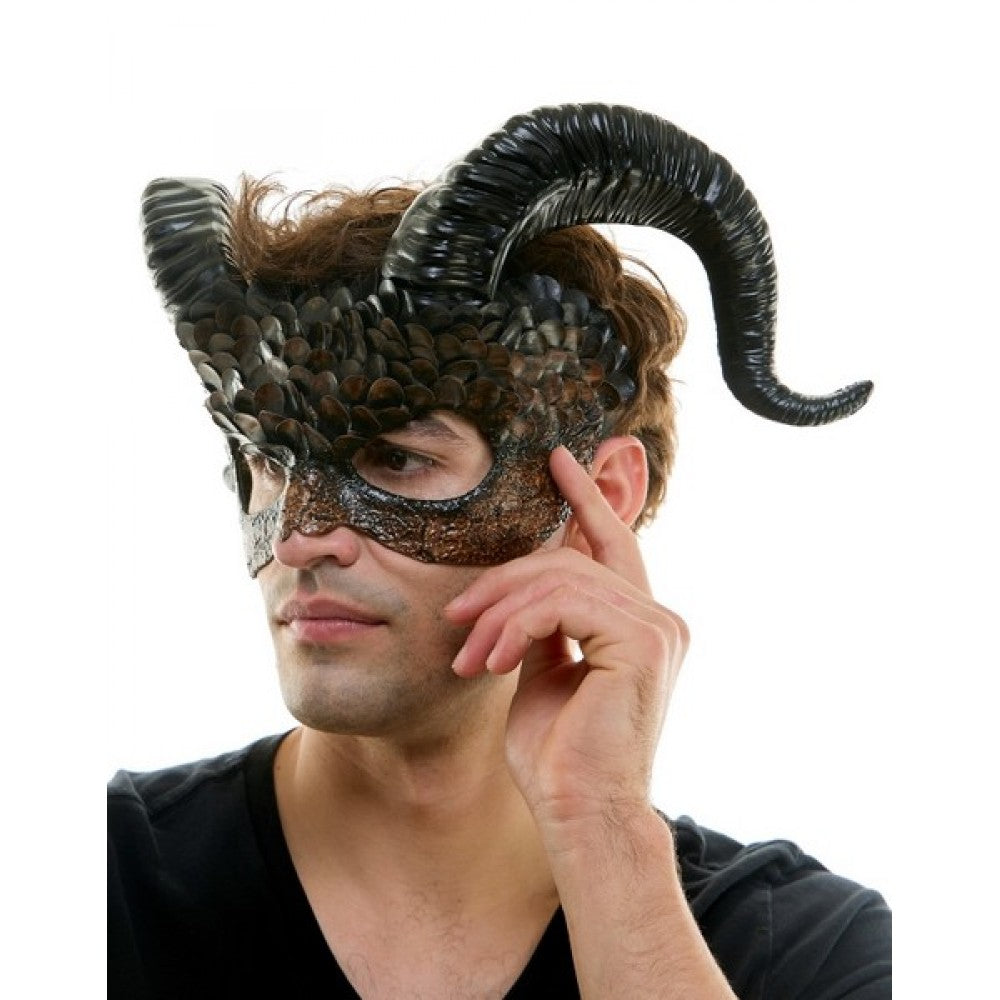 Demon Ram Mask - Brown Faux Feathers - Costume Accessory - One Size