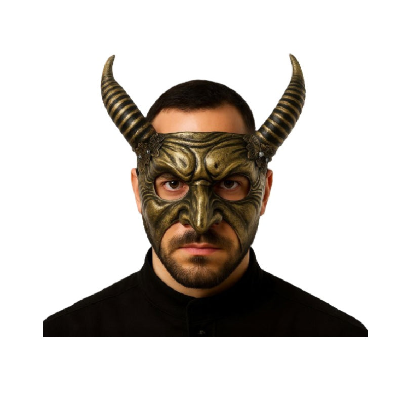 Gold Devil Half Mask - Spiral Horns - Costume Accessory - One Size