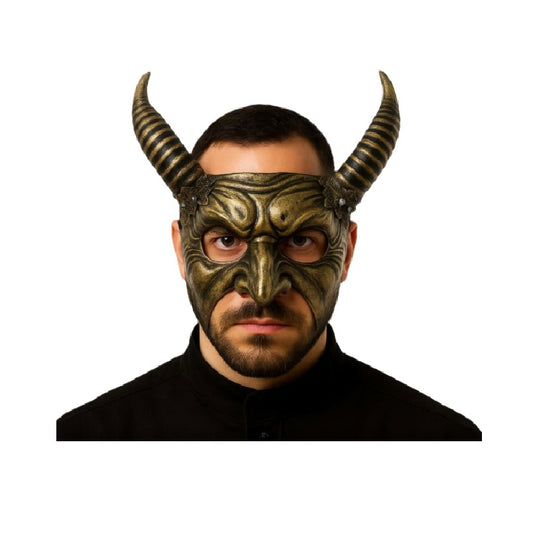 Gold Devil Half Mask - Spiral Horns - Costume Accessory - One Size