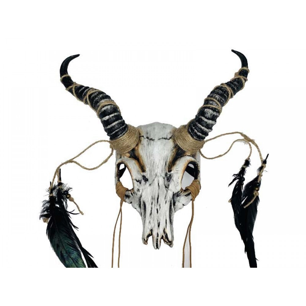 Ram Horned Demon Mask - Bone Feathers - Costume Accessory - One Size