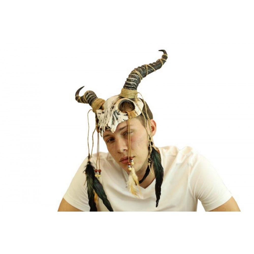 Ram Horned Demon Mask - Bone Feathers - Costume Accessory - One Size