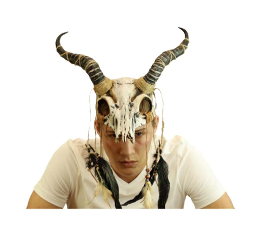 Ram Horned Demon Mask - Bone Feathers - Costume Accessory - One Size