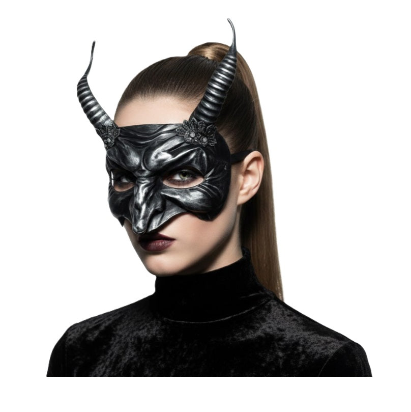 Black/Silver Devil Half Mask - Horns - Costume Accessory - One Size