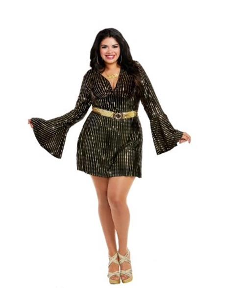 Disco Babe Minikleid – Schwarz/Gold – Kostüm – Erwachsene – Übergröße – 2 Größen