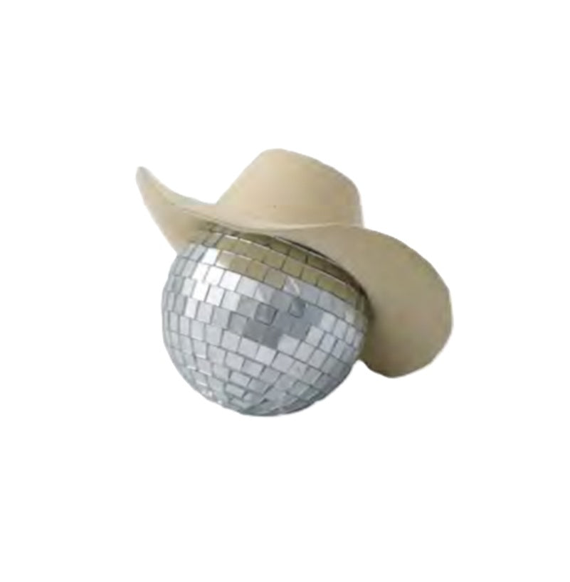 Mini Disco Mirror Ball with Cowboy Hat - Western - 1970's - Decor - Prop