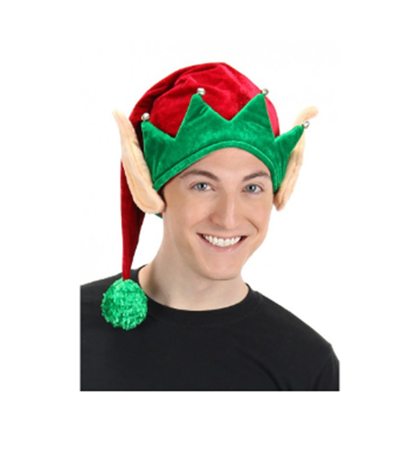 Plush Elf Hat with Ears- Green/Red - Christmas - Costume Accessory - One Size