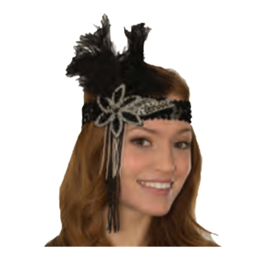 Flower Flapper Headband - Black/Silver - 1920's - Costume Accessory - One Size