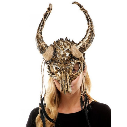 Gold Skull Ram Horn Mask - Bone Feathers - Costume Accessory - One Size