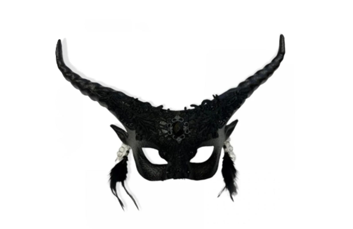 Krampus Devil Mask - Black Lace - Feather Earrings - Costume Accessory