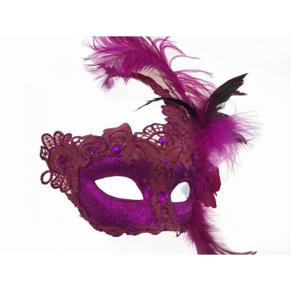 Hot Pink Venetian Mask - Brocade Lace - Feathers - Costume Accessory - One Size