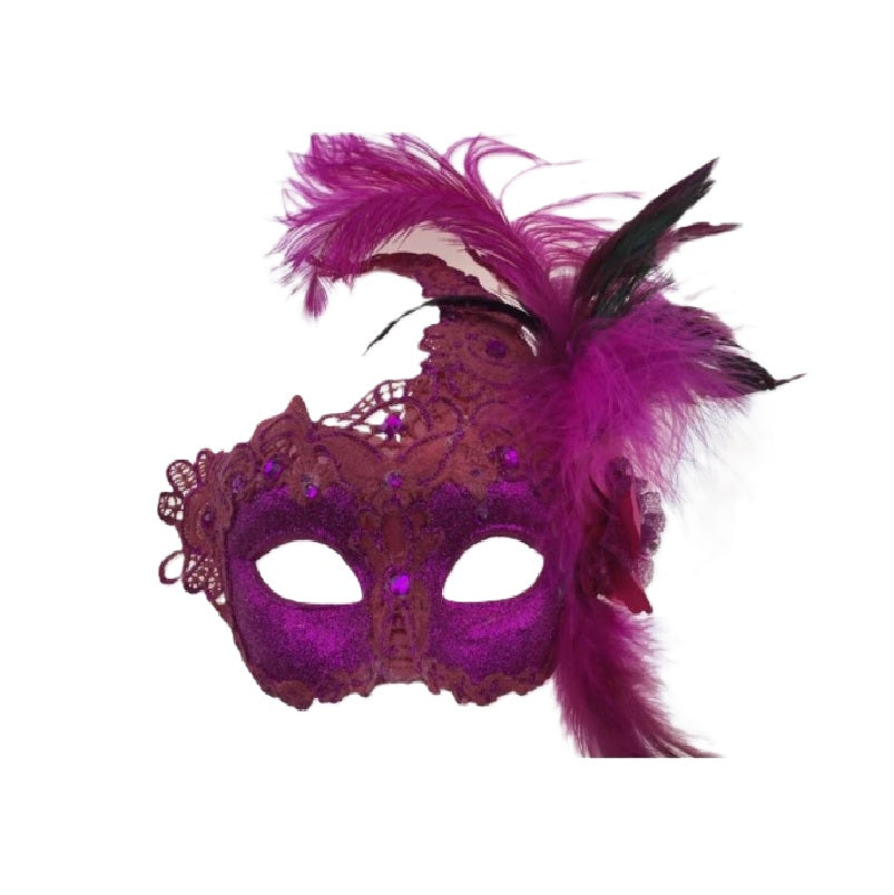 Hot Pink Venetian Mask - Brocade Lace - Feathers - Costume Accessory - One Size