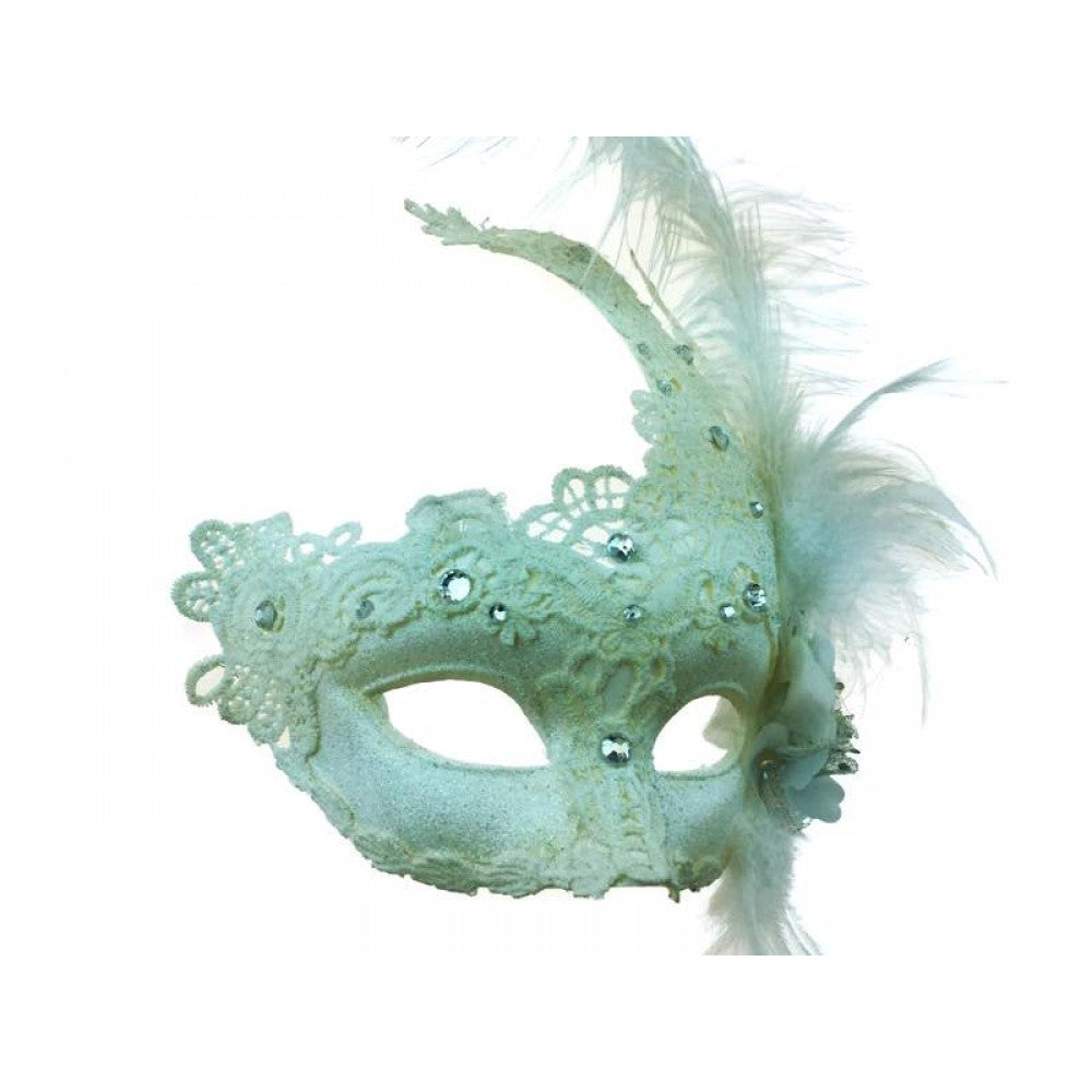White Venetian Mask - Brocade Lace - Feathers - Costume Accessory - One Size