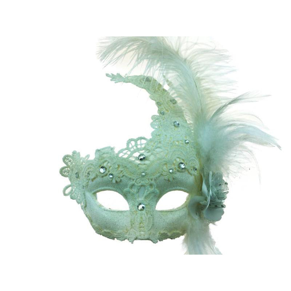 White Venetian Mask - Brocade Lace - Feathers - Costume Accessory - One Size