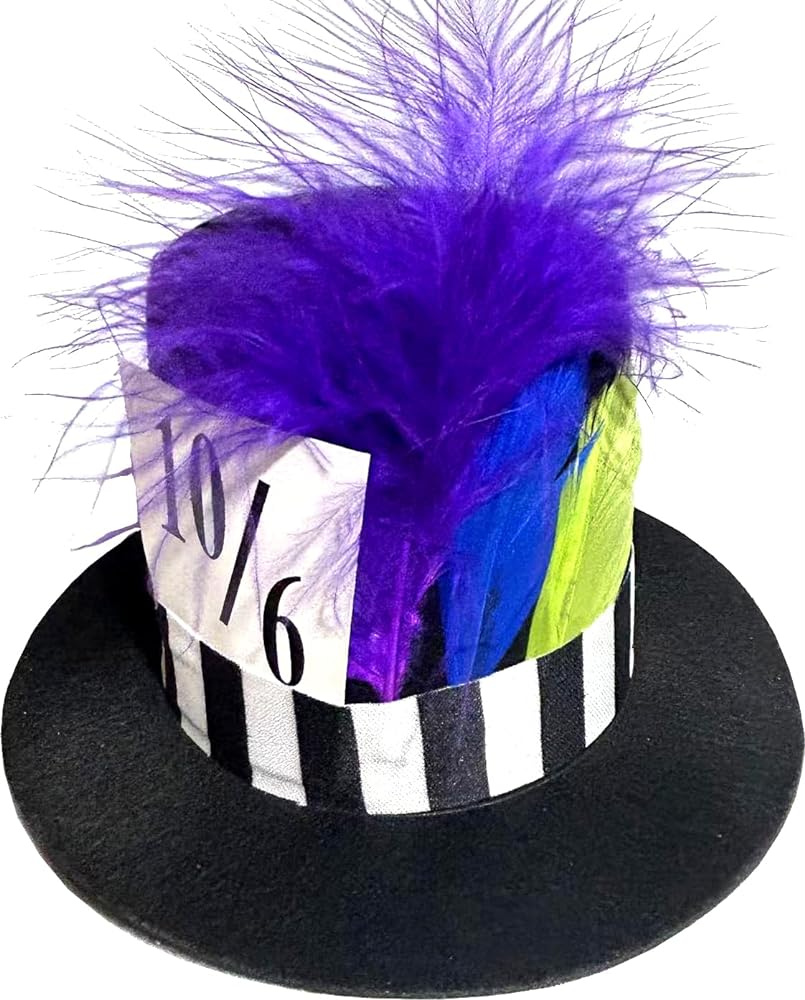 Mad Hatter Mini Top Hat - Clip On - Feathers & 10/6 Card - Costume Accessory