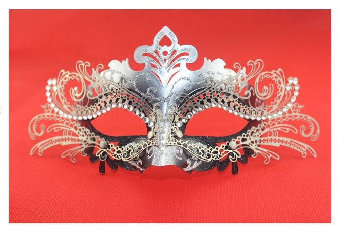 Máscara veneciana de Mardi Gras - Plata/Negro - Filigrana de metal - Accesorio de disfraz