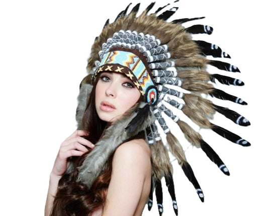 Native American Headdress - Brown/Black - Spotted Feathers - Costume Accessory