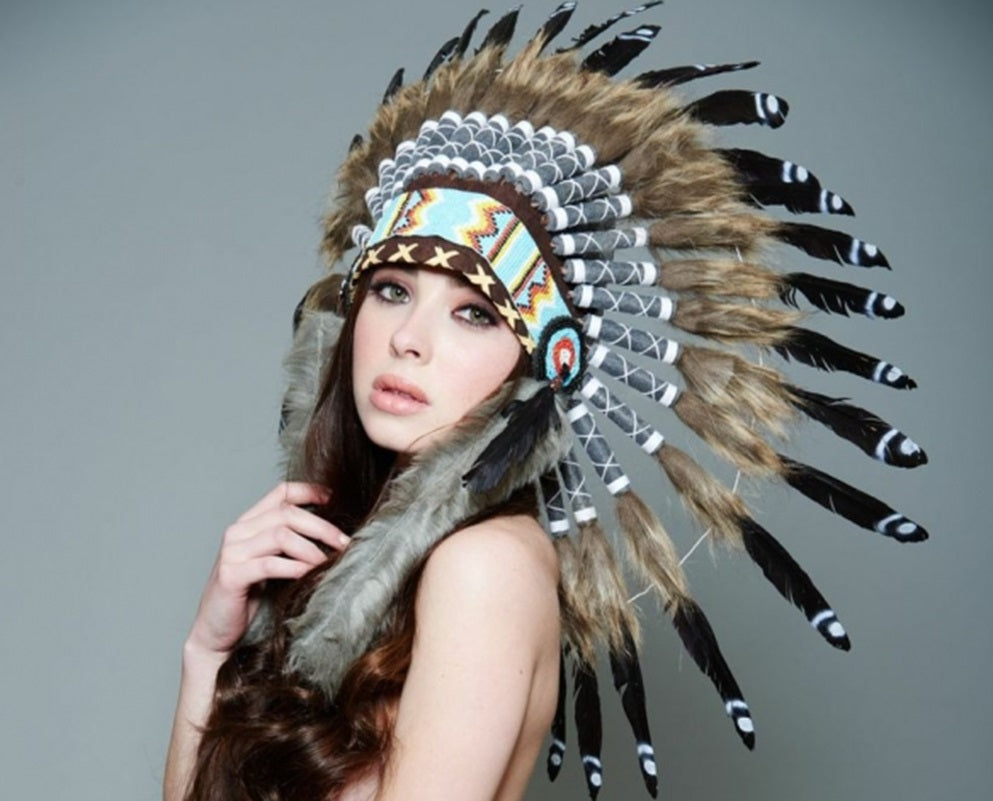 Native American Headdress - Brown/Black - Spotted Feathers - Costume Accessory