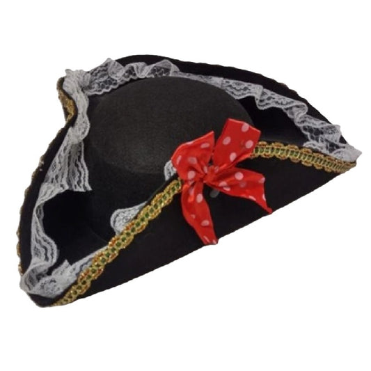 Black Tricorn Pirate Hat - Red Dotted Bows - Costume Accessory - One Size