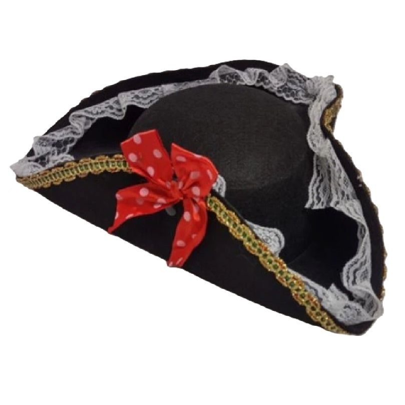 Black Tricorn Pirate Hat - Red Dotted Bows - Costume Accessory - One Size