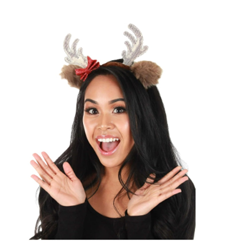 Reindeer Headband - Glitter Antlers & Bow - Christmas - Costume Accessory