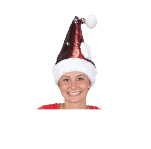 Santa Claus Hat - Red/Silver Flip Sequins - Bow - Christmas - Costume Accessory