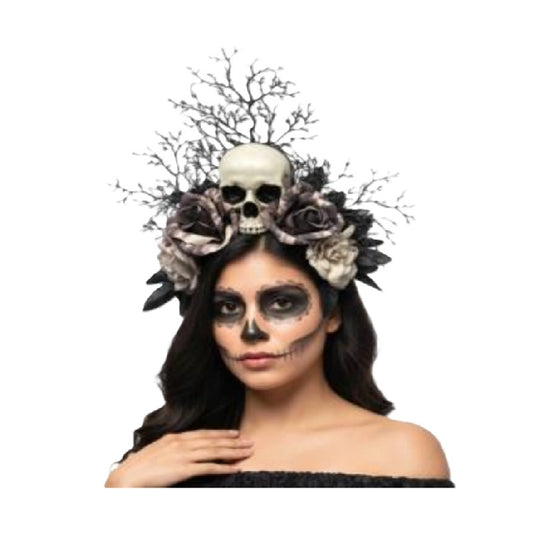 Black/Bone Skull Day of the Dead Headband - Roses - Branches - Costume Accessory