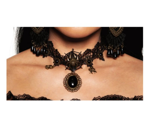 Gargantilla Vampiro - Encaje de Cuentas Negras - Accesorio de Traje - Adulto Adolescente