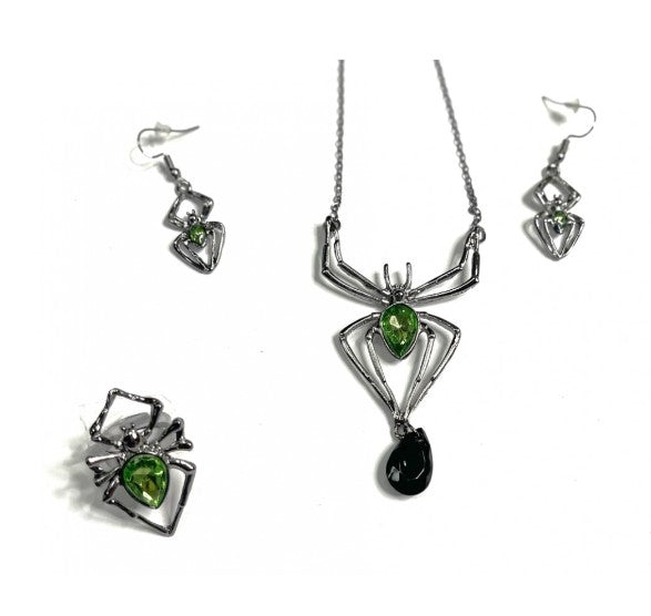 Spider Jewelry Set - Silver/Green - Witch - Costume Accessory - Adult Teen