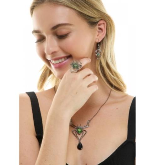 Spider Jewelry Set - Silver/Green - Witch - Costume Accessory - Adult Teen