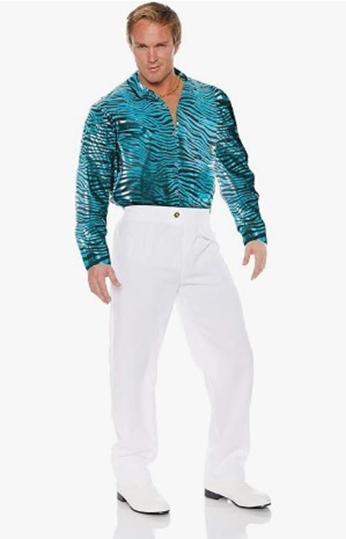 Disco Shirt - Tiger Print - Turquoise - Metallic - 1970's - Costume - Men - 2XL