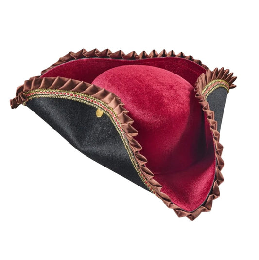 Black/Burgundy Tricorn Pirate Hat - Ruffles - Costume Accessory - One Size