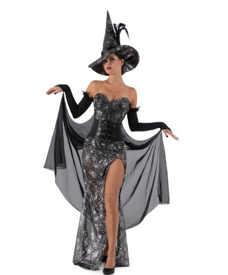 Raven Witch - Black & Silver - Spider Webs - Deluxe Costume - Adult - 3 Sizes