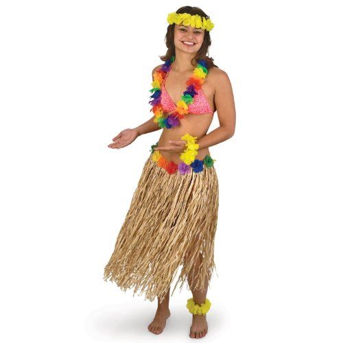 Natural Raffia Grass Skirt - Flowers - Hawaiian - Costume Accessory - Adult
