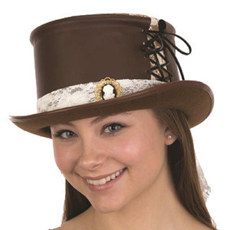 Sombrero de copa Steampunk - Encaje - Cuero sintético - Marrón - Accesorio de disfraz - Adolescente adulto