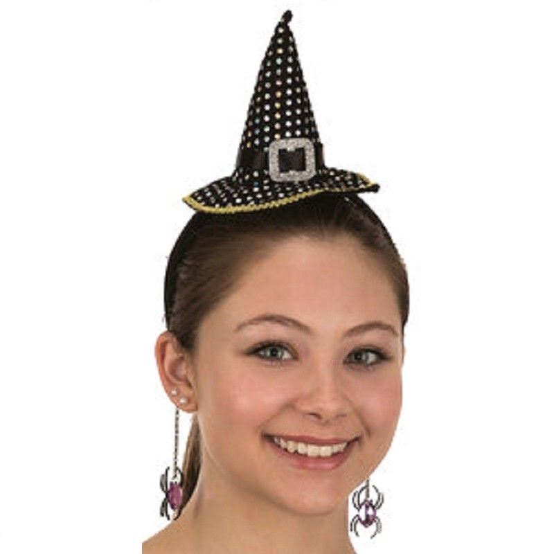 Mini Witch Hat with Earrings - Sequin - Black - Costume Accessory - Adult Teen