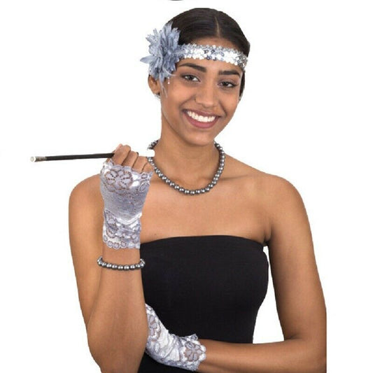 Flapper Costume Accessory Set - 1920's - Silver - Adult Teen