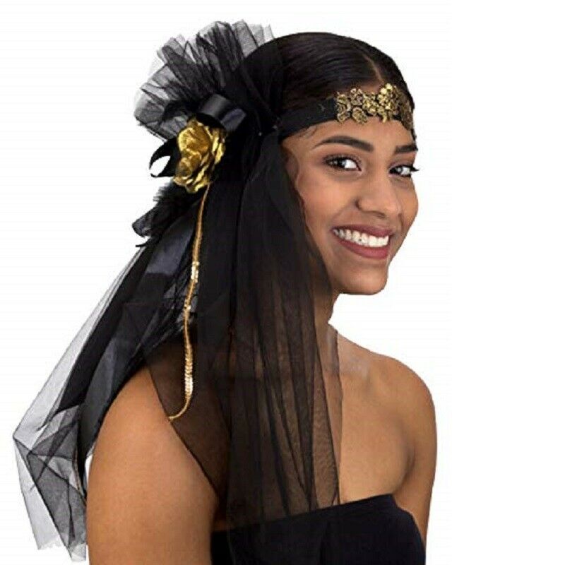 Day of the Dead Headband - Rose - Ribbon - Veil - Black/Gold - Costume Accessory