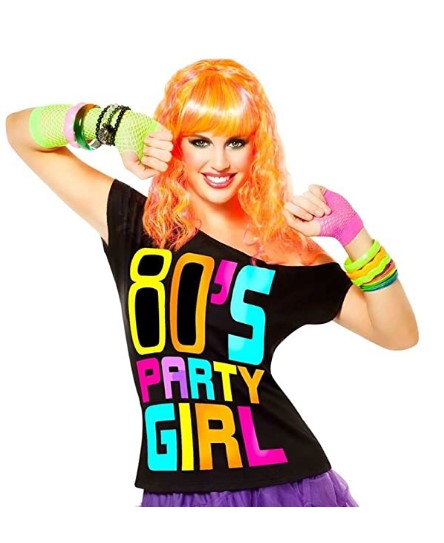 80's Party Girl T-Shirt - Black/Neon - Costume - Adult