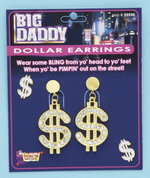 Dollar Sign Clip-on Earrings - Gangster Pimp Mobster Disco - Costume Accessory