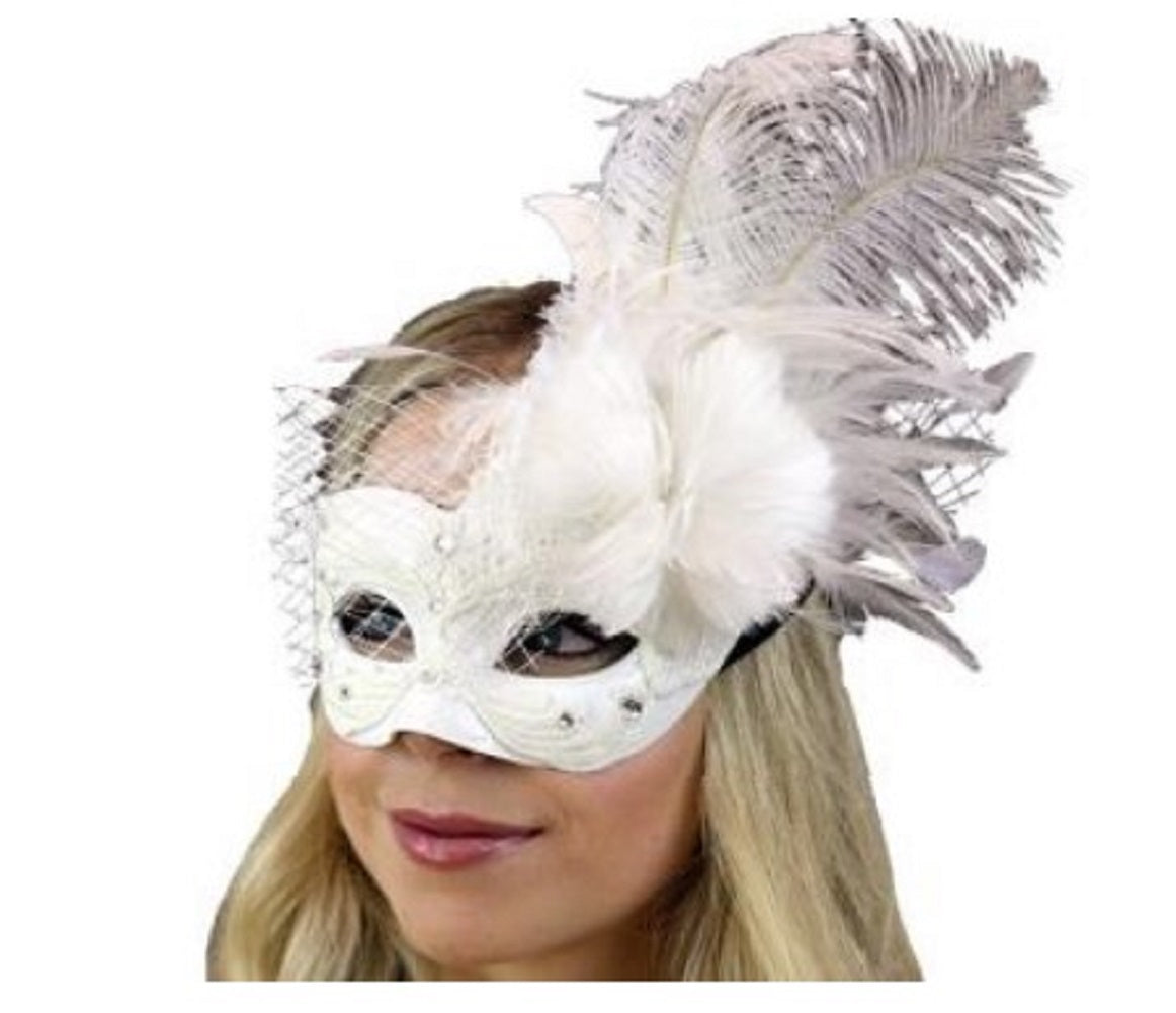 Brocade Lace Net & Feather Eye Mask - White - Mardi Gras - Costume Accessory