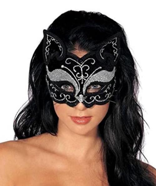 Cat Mask - Black/Silver Glitter - Deluxe Costume Accessory - Adult Teen