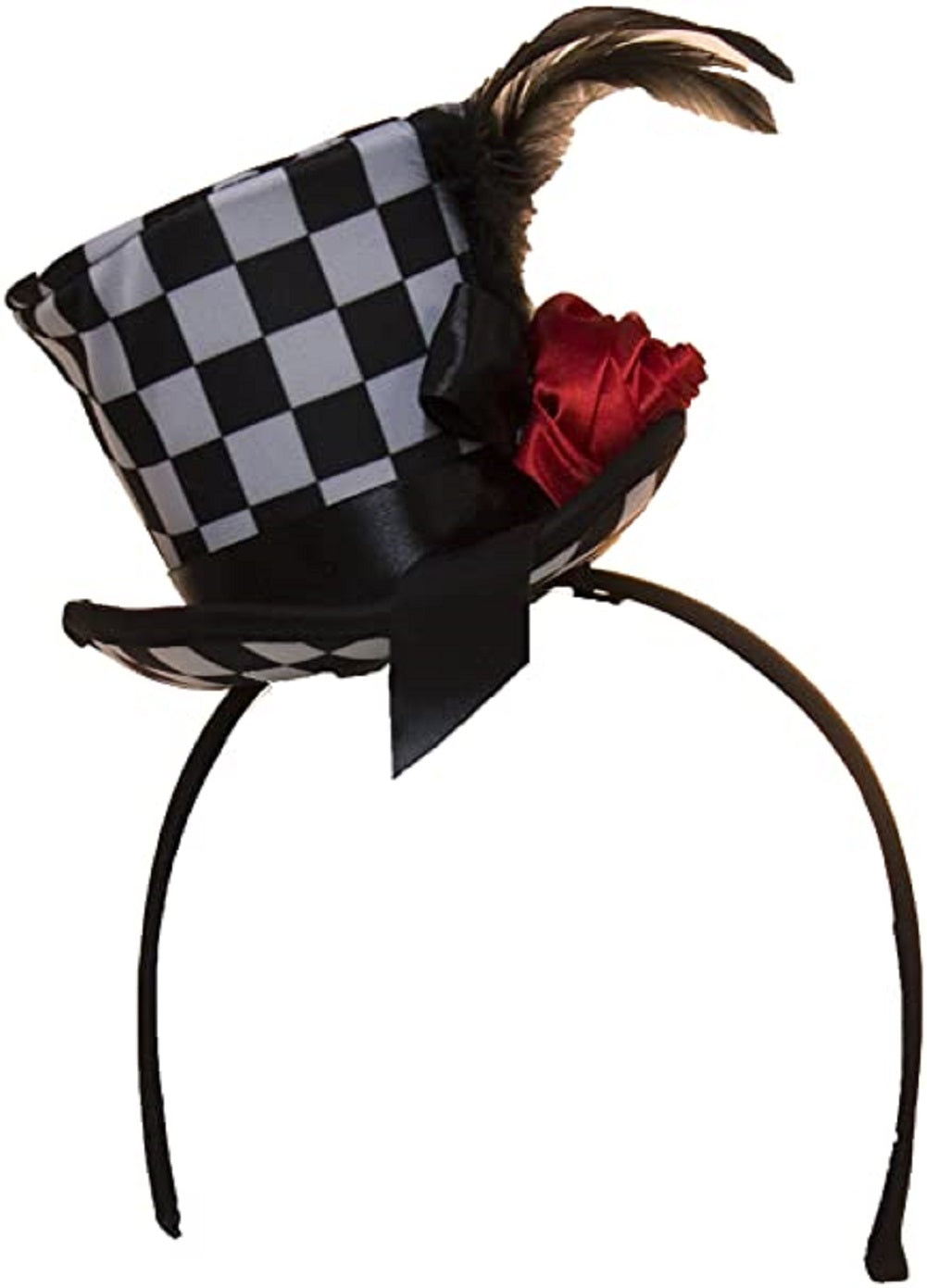 Checkered Mini Top Hat - Headband - Feathers & Flower - Costume Accessory