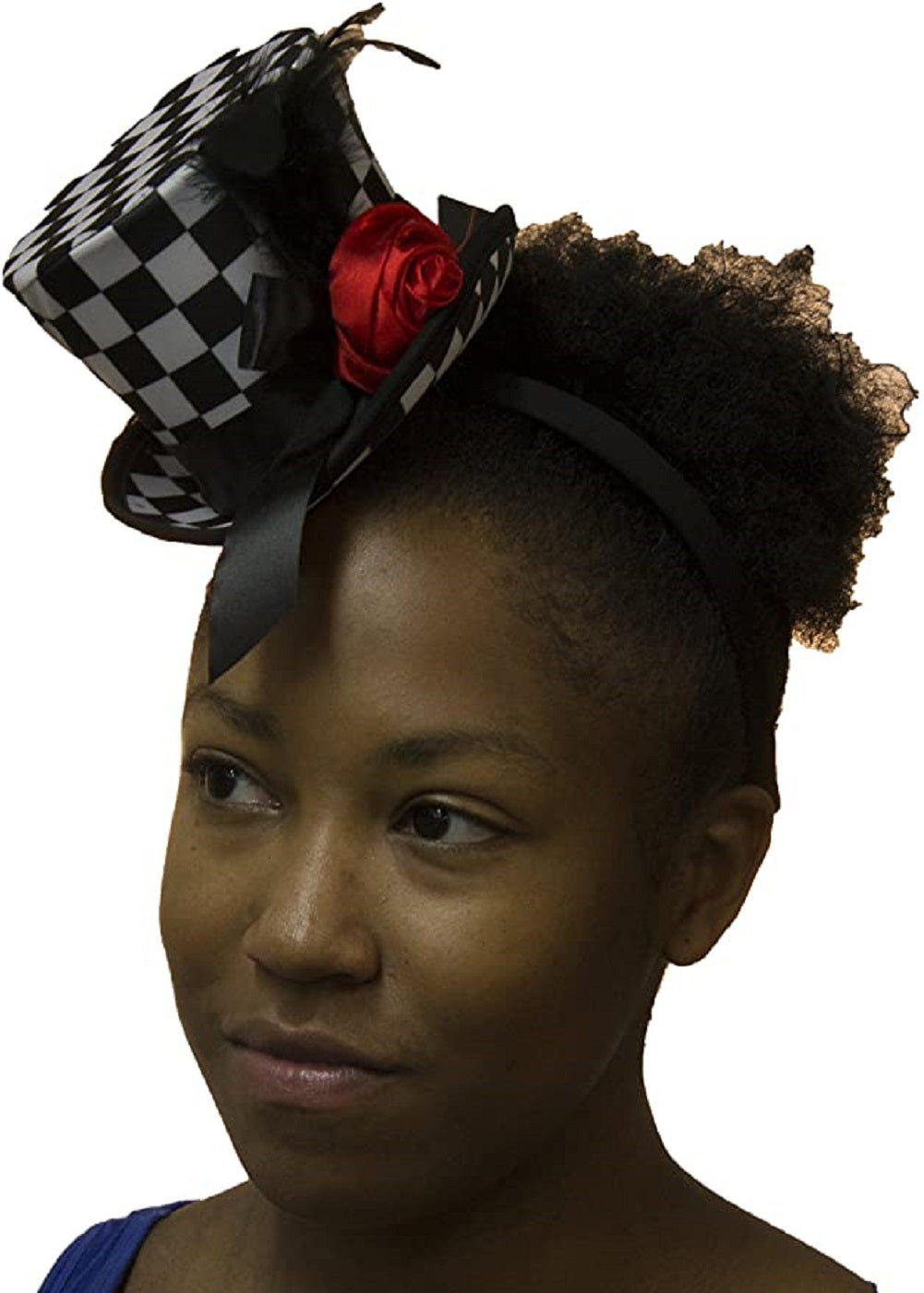 Checkered Mini Top Hat - Headband - Feathers & Flower - Costume Accessory