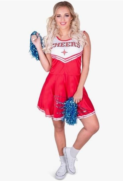 Cheerleader-Kleid – Rot – Pom Poms – Kostüm – Erwachsene – 5 Größen